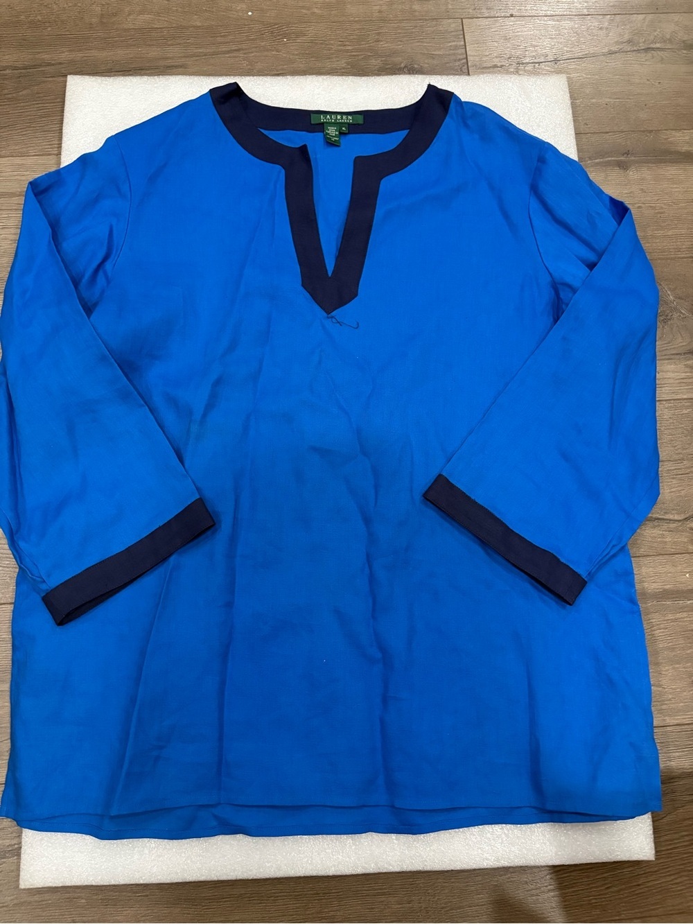 [XL]Lauren Ralph Lauren Blue WMN Linen Tunic Shirt with Navy Trim